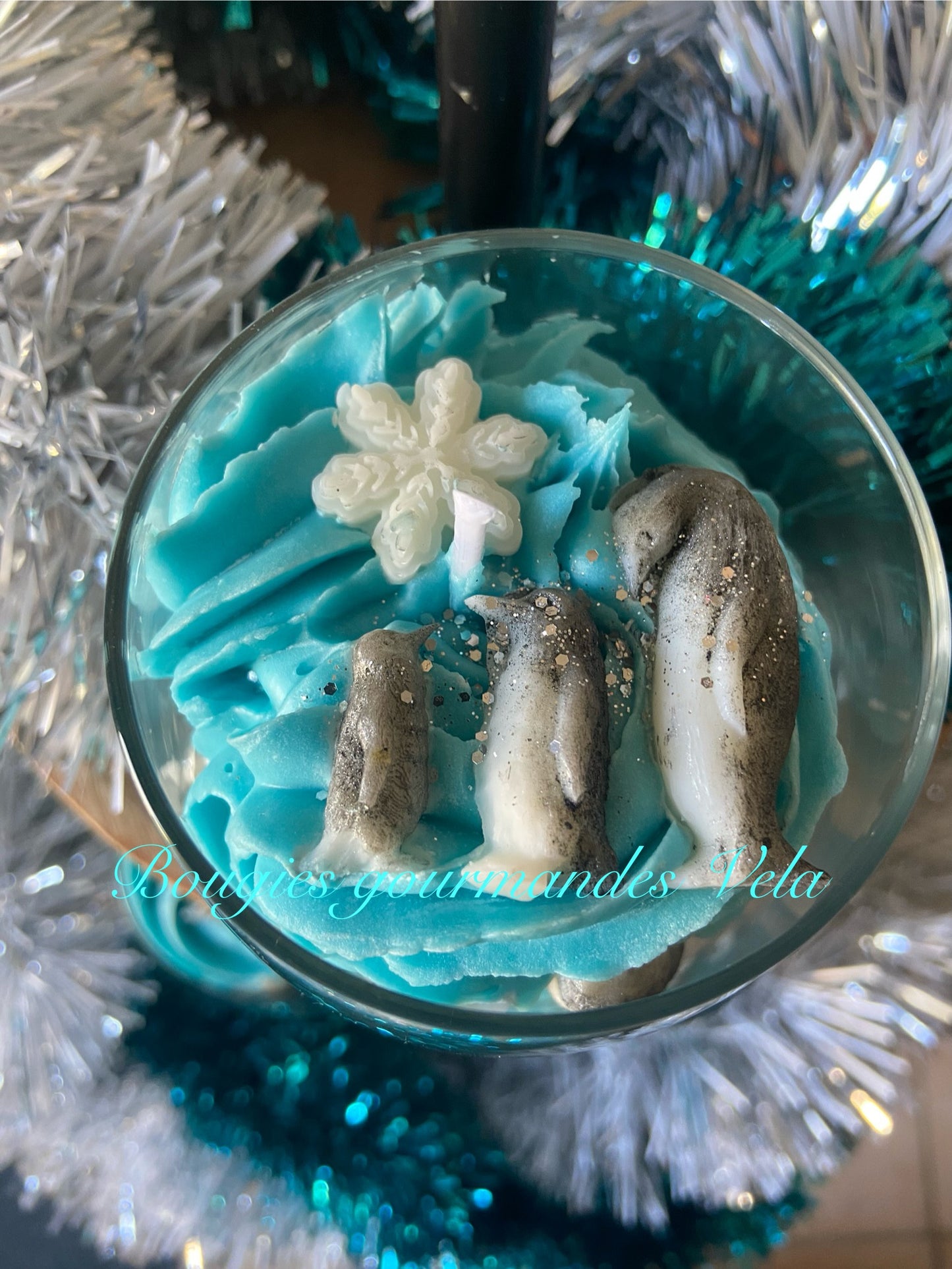 Bougie gourmande Bougie manchots et flocons de neige Bougie parfumée Bougie noel Bougie chantilly Bougie artisanale Bougie végétale Idée cadeau