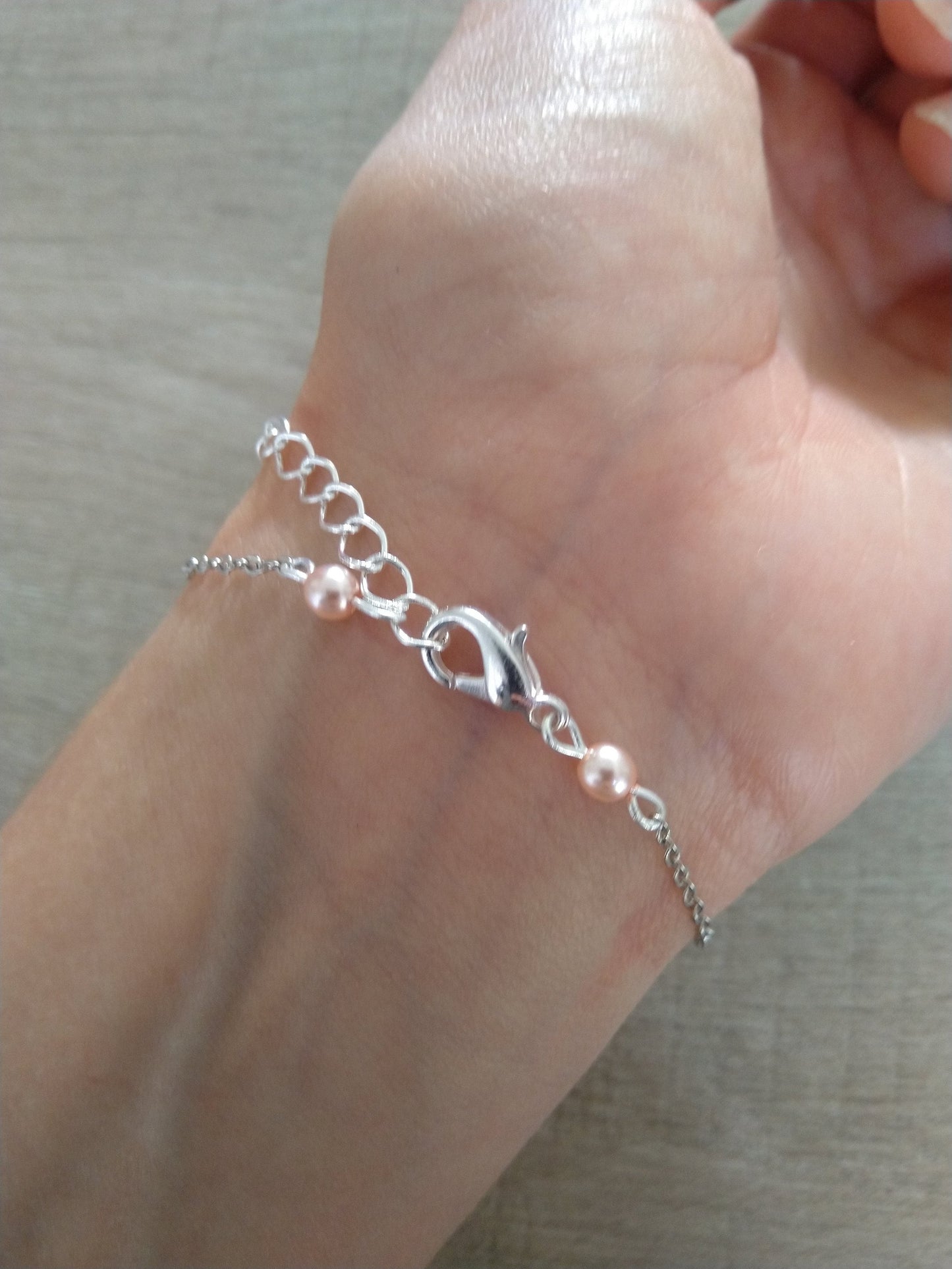 Bracelet perles rose poudre chaine fine argenté Bijoux mariage Bijoux mariee