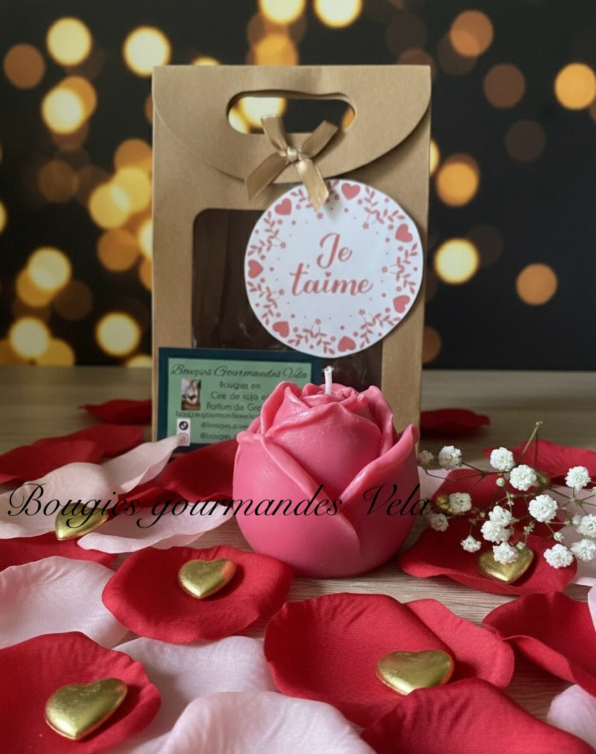Coffret Je t’aime Bougie fleur rose Idée cadeau Saint Valentin