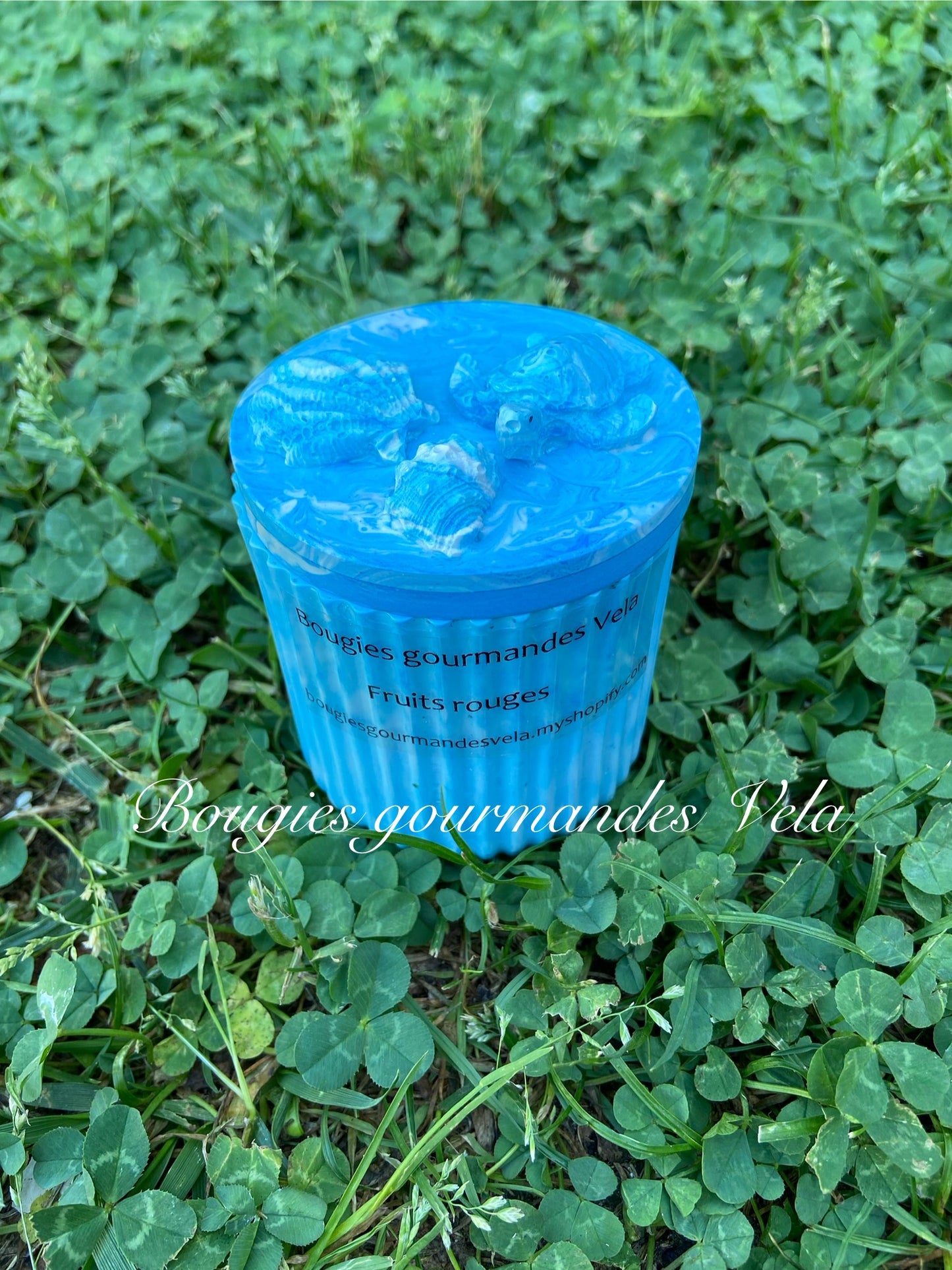 Bougie gourmande parfumée fruits rouges Boîte Jesmonite bleue coquillages Bougie artisanale Bougie végétale Idée cadeau