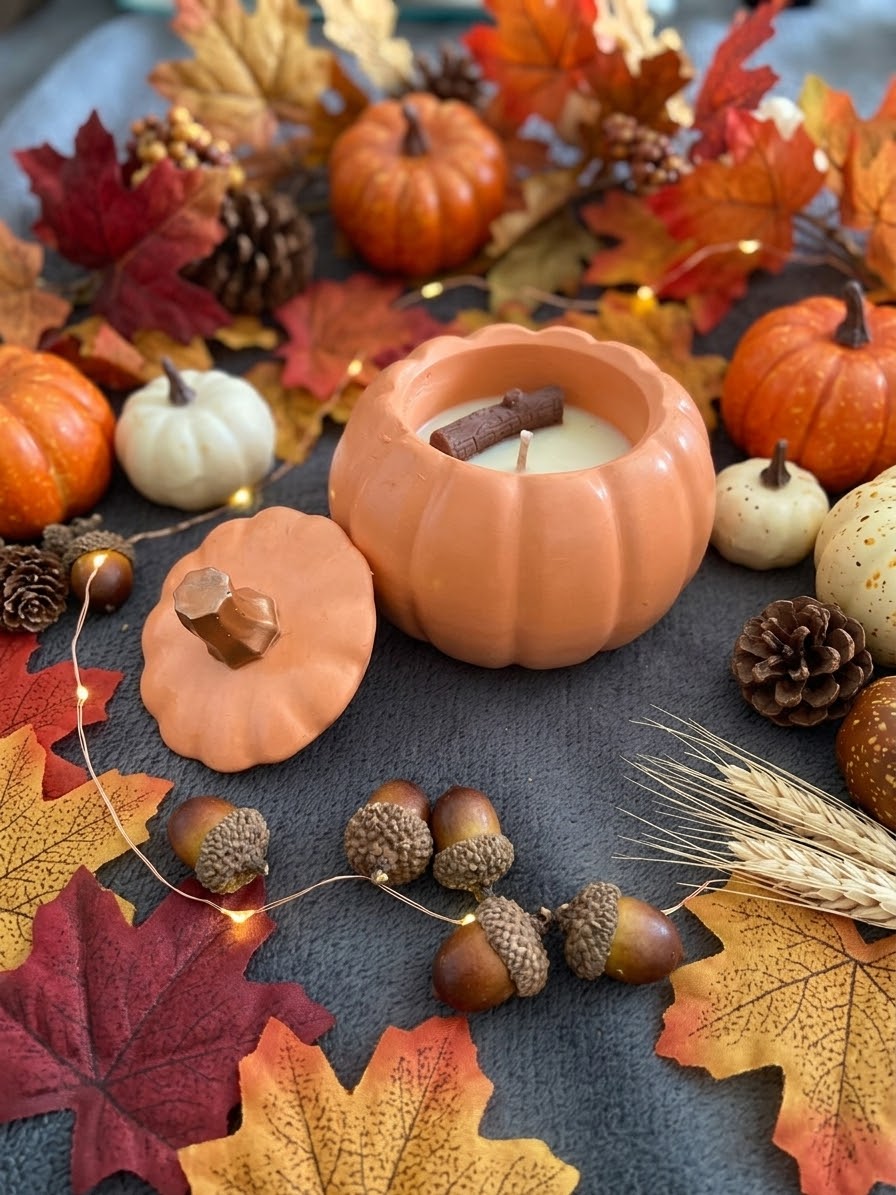 Bougie gourmande citrouille automne Bougie parfumée caramel Citrouille Jesmonite Bougie végétale Idée cadeau