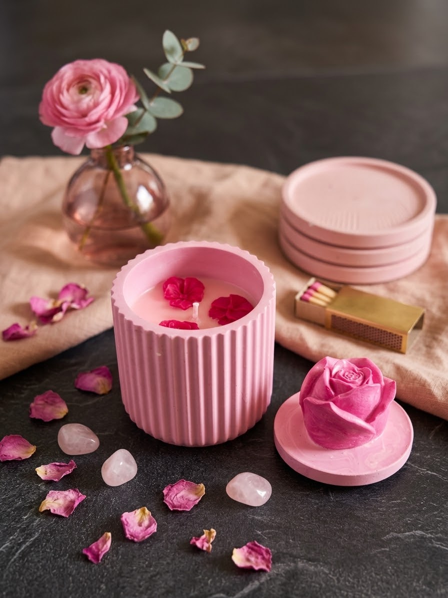 Bougie boite rose Jesmonite parfum fruits rouges Bougie végétale Idée cadeau