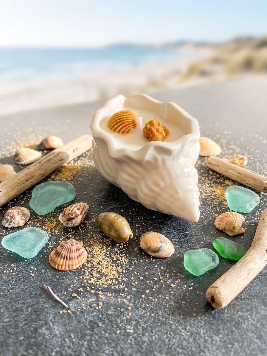 Bougie coquillage Jesmonite parfum monoï Bougie végétale Idée cadeau