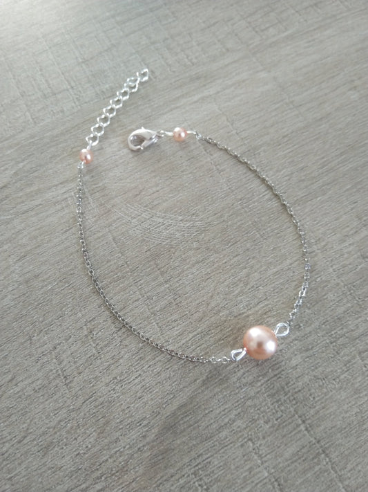Bracelet perles rose poudre chaine fine argenté Bijoux mariage Bijoux mariee