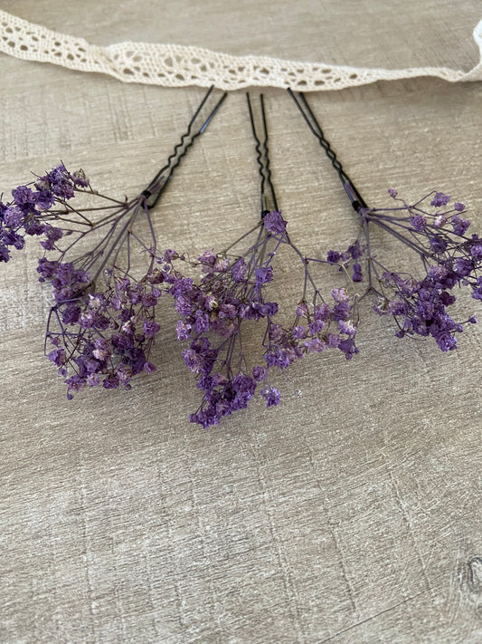 3 epingles chignon mariee gypsophile violet fleurs séchées fleurs stabilisées Accessoires coiffure mariage