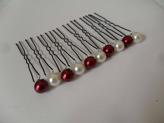 10 epingles chignon mariee perles nacrées ivoires et rouge bordeaux Accessoires coiffure mariage