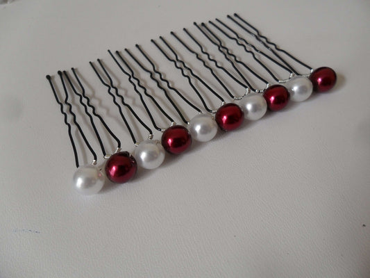 10 epingles chignon mariee perles nacrées blanches et rouge bordeaux Accessoires coiffure mariage