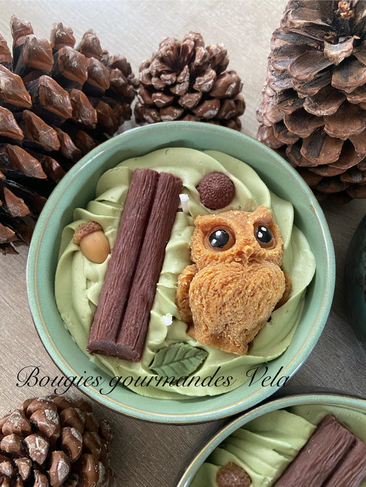 Bougie gourmande Bougie hibou dans la forêt Bougie parfumée caramel Bougie chantilly Bougie automne Bougie artisanale Bougie végétale Idée cadeau
