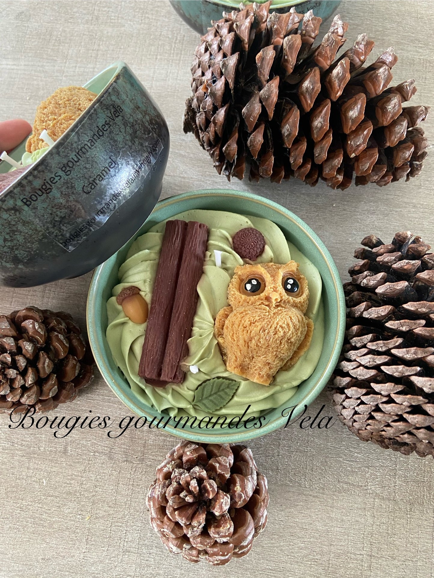 Bougie gourmande Bougie hibou dans la forêt Bougie parfumée caramel Bougie chantilly Bougie automne Bougie artisanale Bougie végétale Idée cadeau