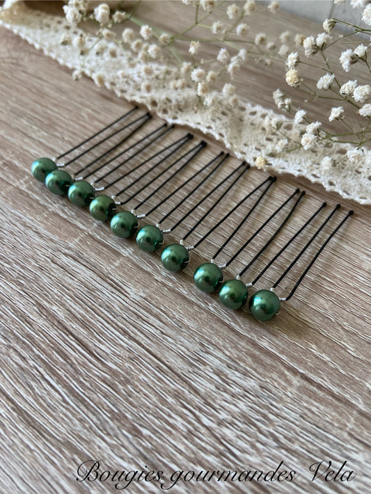10 epingles chignon mariee perles nacrées vert foncé Accessoires coiffure mariage