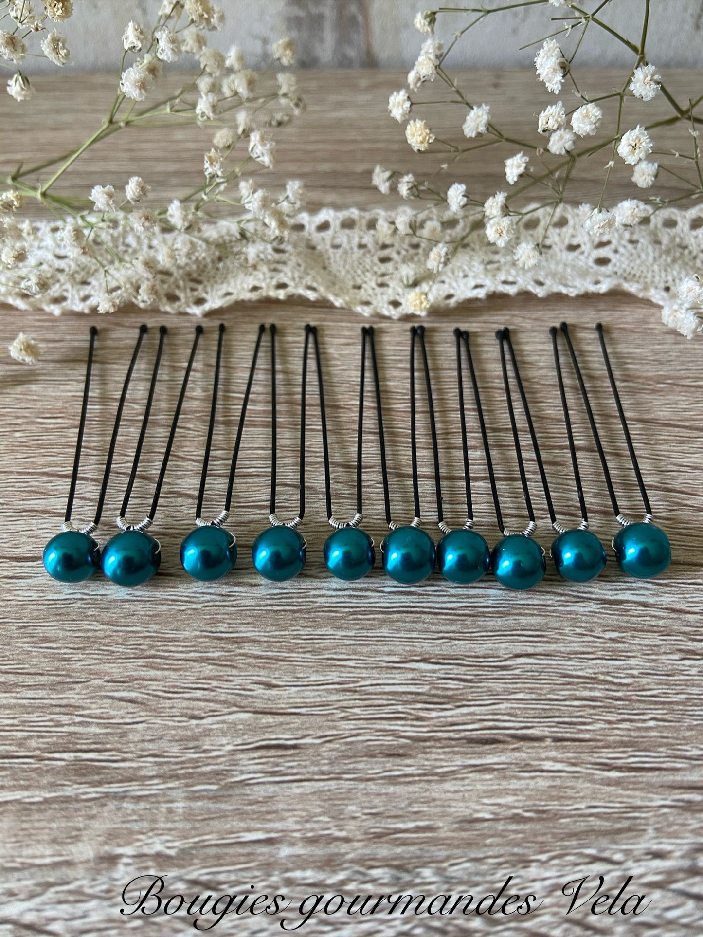 10 epingles chignon mariee perles nacrées bleu canard Accessoires coiffure mariage