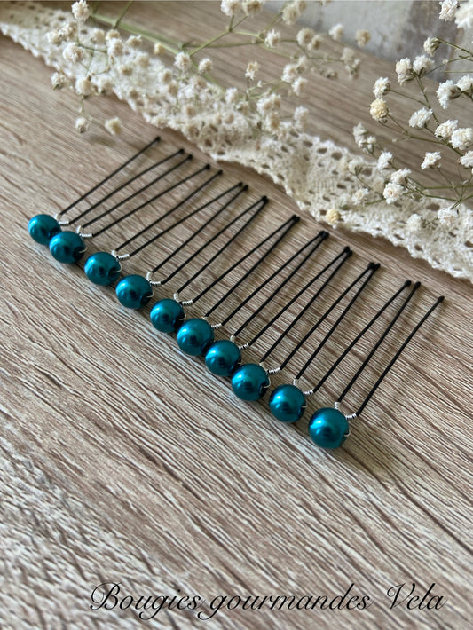 10 epingles chignon mariee perles nacrées bleu canard Accessoires coiffure mariage