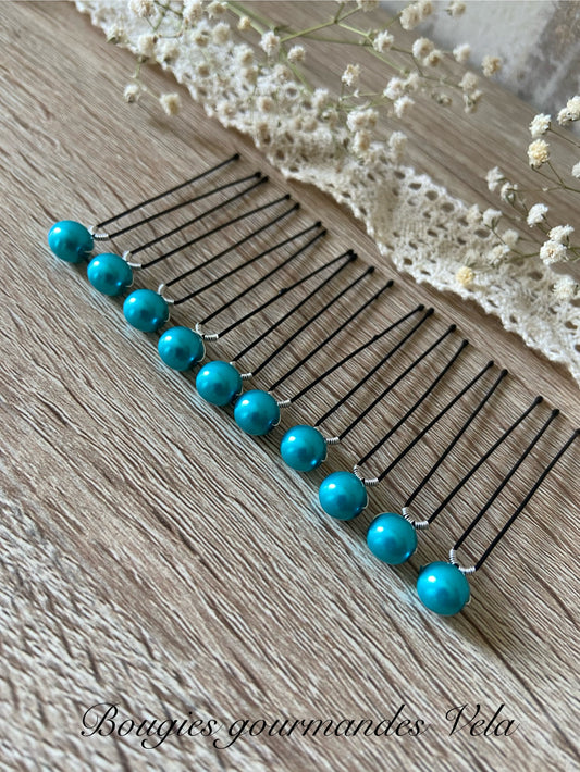10 epingles chignon mariee perles nacrées turquoises Accessoires coiffure mariage