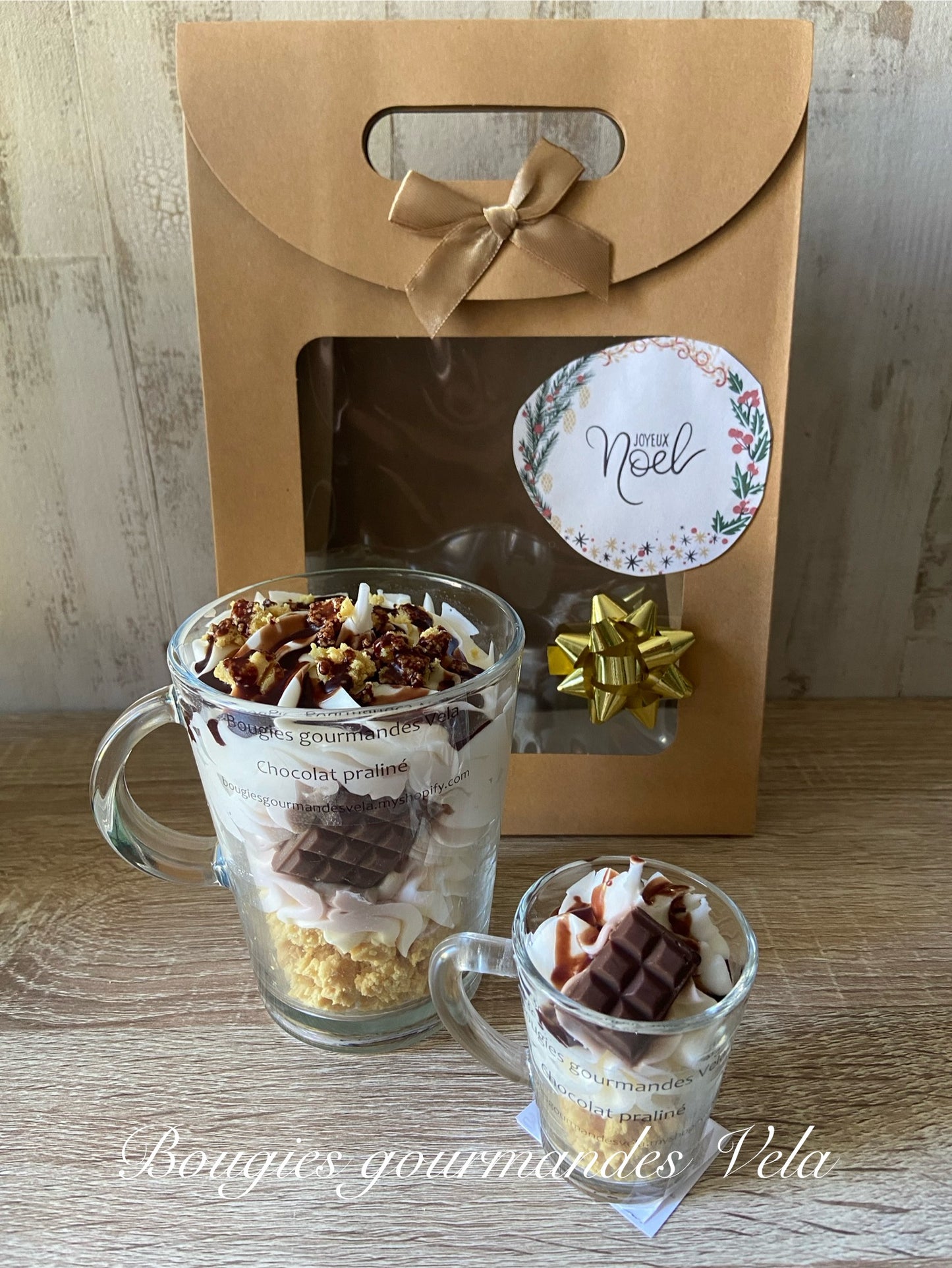 Coffret Joyeux Noel Bougie gourmande et Mini Bougie gourmande Bougie parfumée chocolat praliné Bougie chantilly Bougie artisanale Bougie végétale Idée cadeau noel