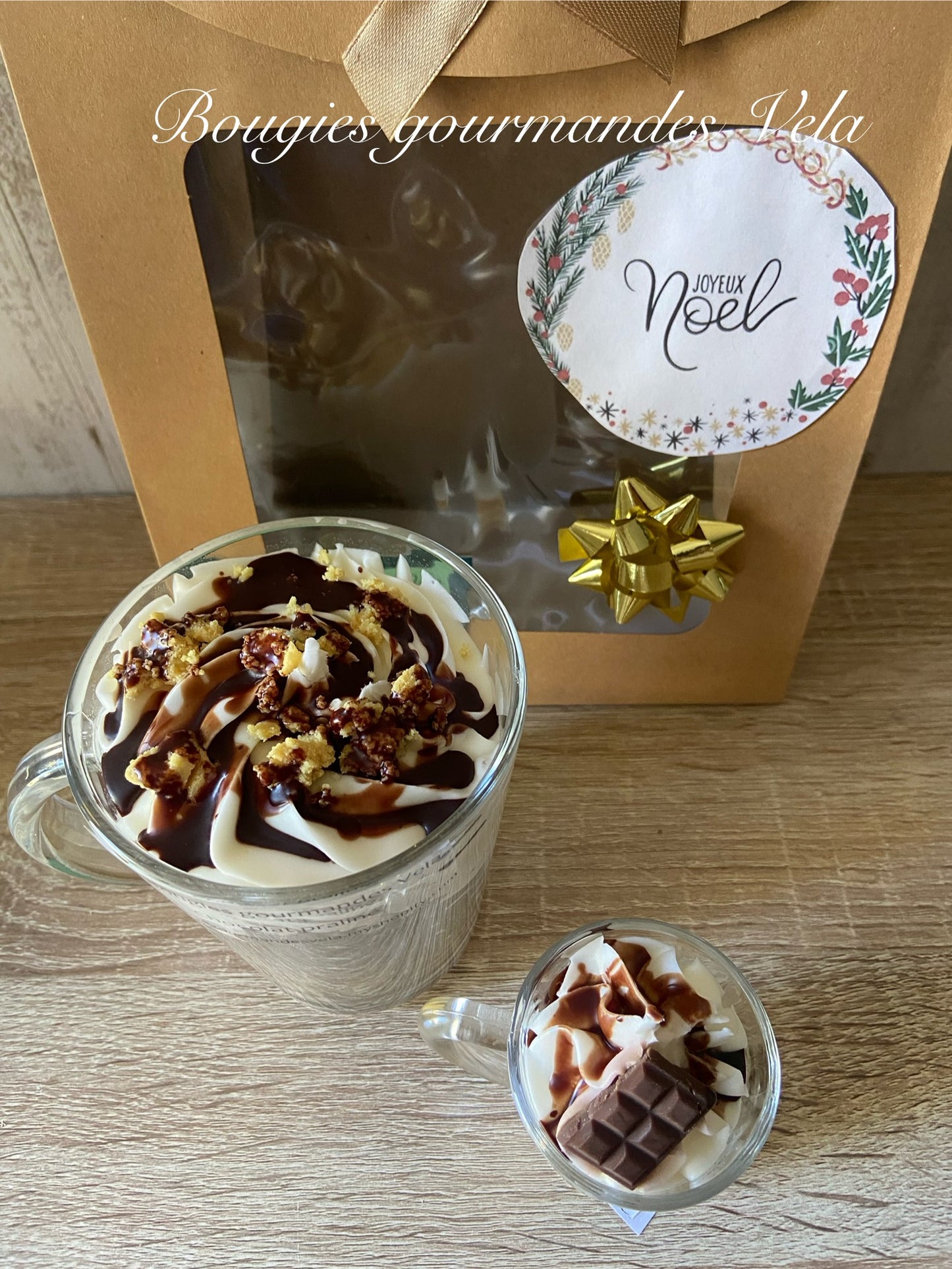 Coffret Joyeux Noel Bougie gourmande et Mini Bougie gourmande Bougie parfumée chocolat praliné Bougie chantilly Bougie artisanale Bougie végétale Idée cadeau noel