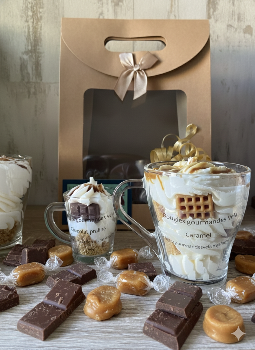Coffret 2 bougies gourmandes parfum caramel parfum chocolat praliné Bougie chantilly Bougie artisanale Bougie végétale Idée cadeau (Copie)