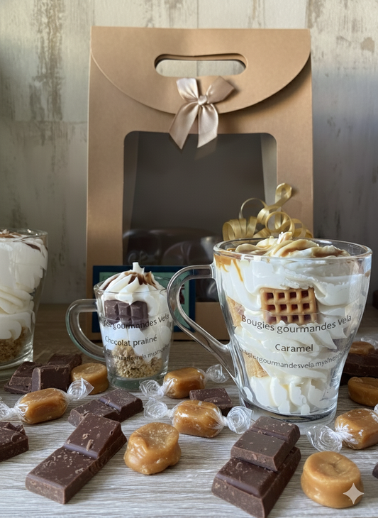 Coffret 2 bougies gourmandes parfum caramel parfum chocolat praliné Bougie chantilly Bougie artisanale Bougie végétale Idée cadeau (Copie)
