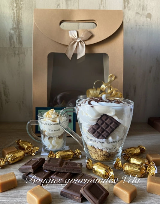 Coffret 2 bougies gourmandes parfum caramel parfum chocolat praliné Bougie chantilly Bougie artisanale Bougie végétale Idée cadeau