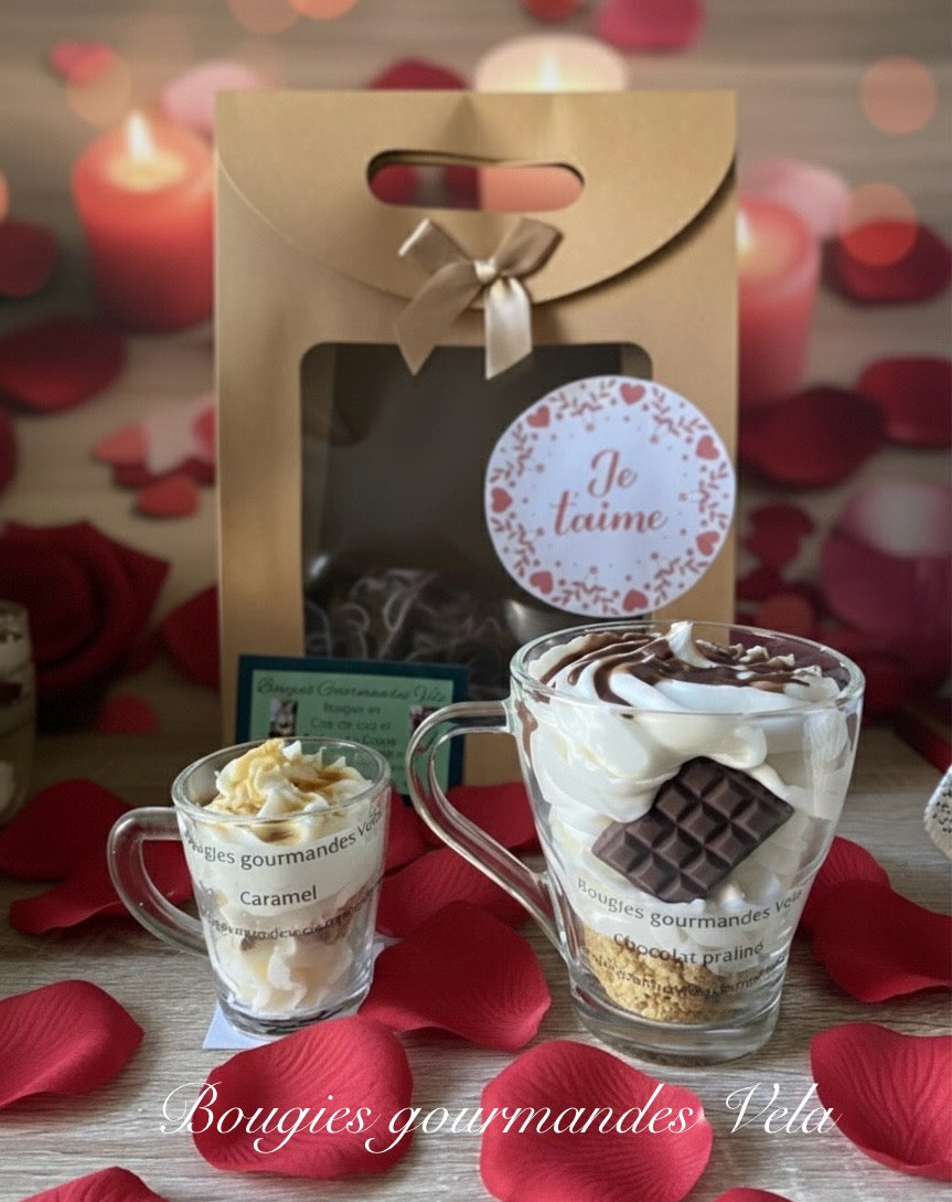 Coffret Je t’aime 2 bougies gourmandes parfum caramel parfum chocolat praliné Bougie chantilly Bougie artisanale Bougie végétale Idée cadeau