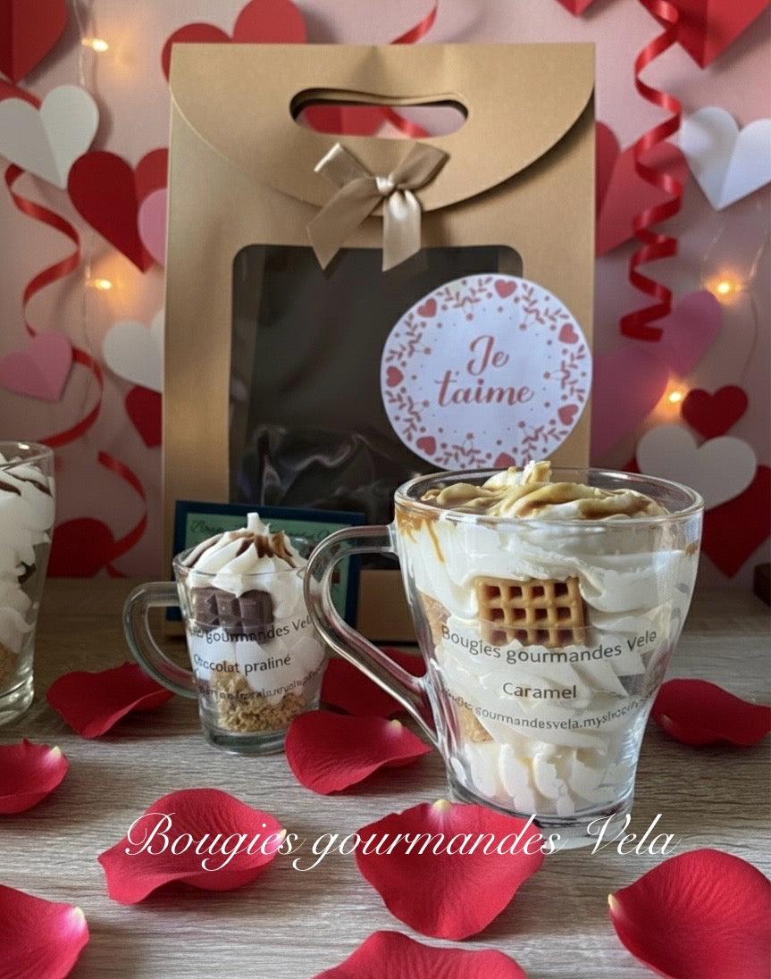 Coffret Je t’aime 2 bougies gourmandes parfum caramel parfum chocolat praliné Bougie chantilly Bougie artisanale Bougie végétale Idée cadeau (Copie)