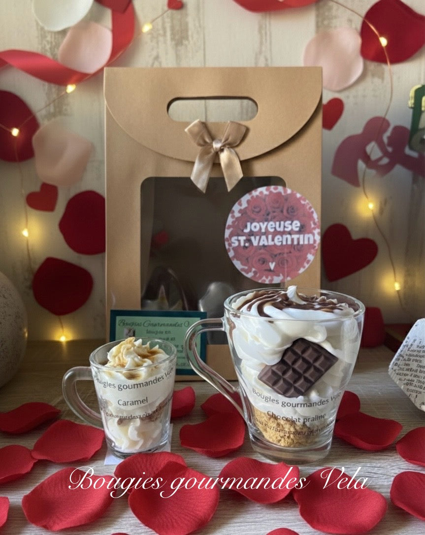 Coffret Joyeuse Saint Valentin 2 bougies gourmandes parfum caramel parfum chocolat praliné Bougie chantilly Bougie artisanale Bougie végétale Idée cadeau