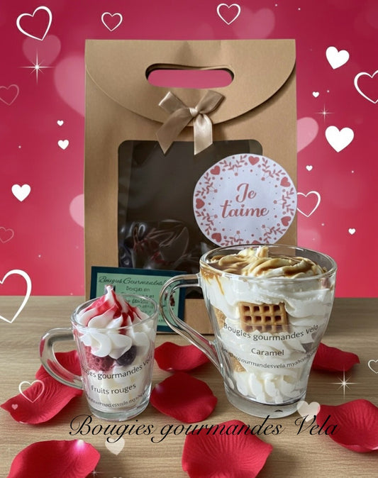 Coffret Je t’aime 2 bougies gourmandes parfum caramel parfum fruits rouges Bougie chantilly Bougie artisanale Bougie végétale Idée cadeau