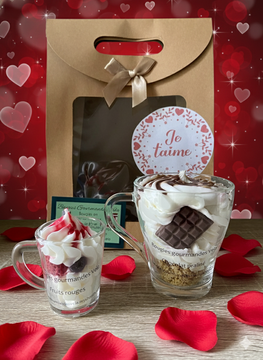Coffret Je t’aime 2 bougies gourmandes parfum chocolat praliné parfum fruits rouges Bougie chantilly Bougie artisanale Bougie végétale Idée cadeau (Copie)
