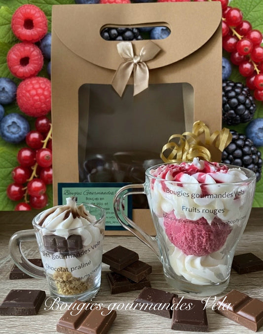 Coffret 2 bougies gourmandes parfum fruits rouges parfum chocolat praliné Bougie chantilly Bougie artisanale Bougie végétale Idée cadeau