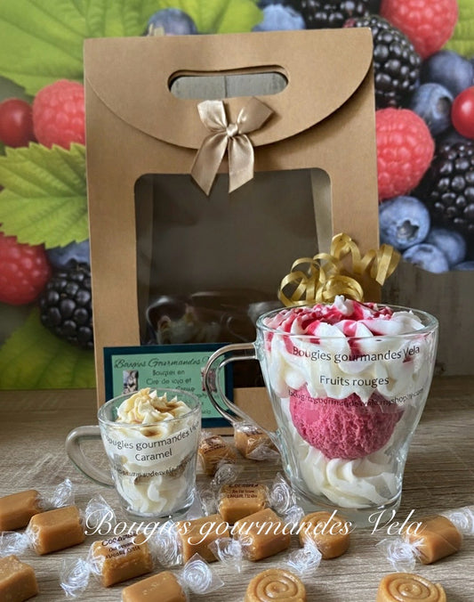 Coffret 2 bougies gourmandes parfum fruits rouges parfum caramel Bougie chantilly Bougie artisanale Bougie végétale Idée cadeau