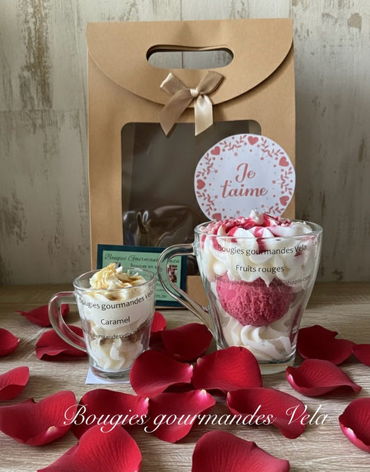 Coffret Je t’aime 2 bougies gourmandes parfum fruits rouges parfum caramel Bougie chantilly Bougie artisanale Bougie végétale Idée cadeau
