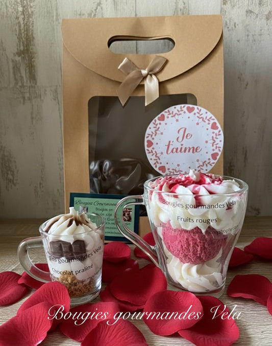 Coffret Je t’aime 2 bougies gourmandes parfum fruits rouges parfum chocolat praliné Bougie chantilly Bougie artisanale Bougie végétale Idée cadeau