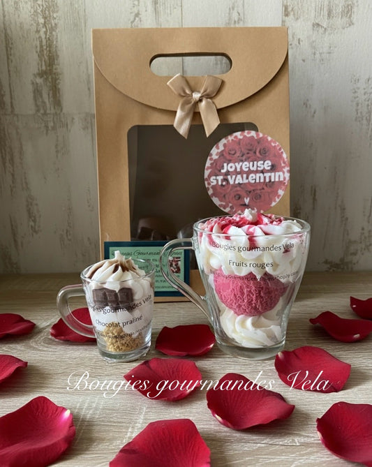 Coffret Saint Valentin 2 bougies gourmandes parfum fruits rouges parfum chocolat praliné Bougie chantilly Bougie artisanale Bougie végétale Idée cadeau