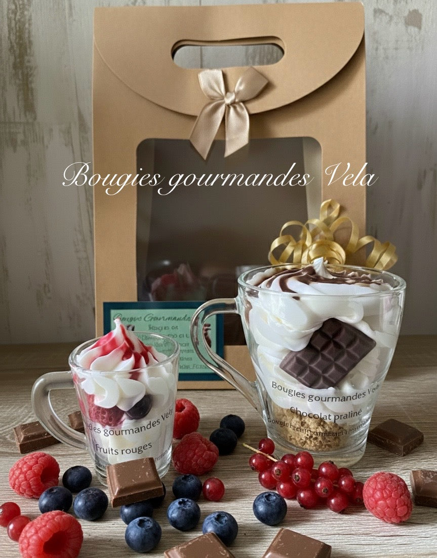 Coffret 2 bougies gourmandes parfum fruits rouges parfum chocolat praliné Bougie chantilly Bougie artisanale Bougie végétale Idée cadeau