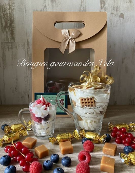 Coffret 2 bougies gourmandes parfum caramel parfum fruits rouges Bougie chantilly Bougie artisanale Bougie végétale Idée cadeau
