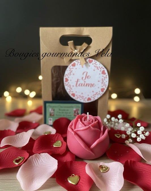 Coffret Je t’aime Bougie fleur rose Idée cadeau Saint Valentin
