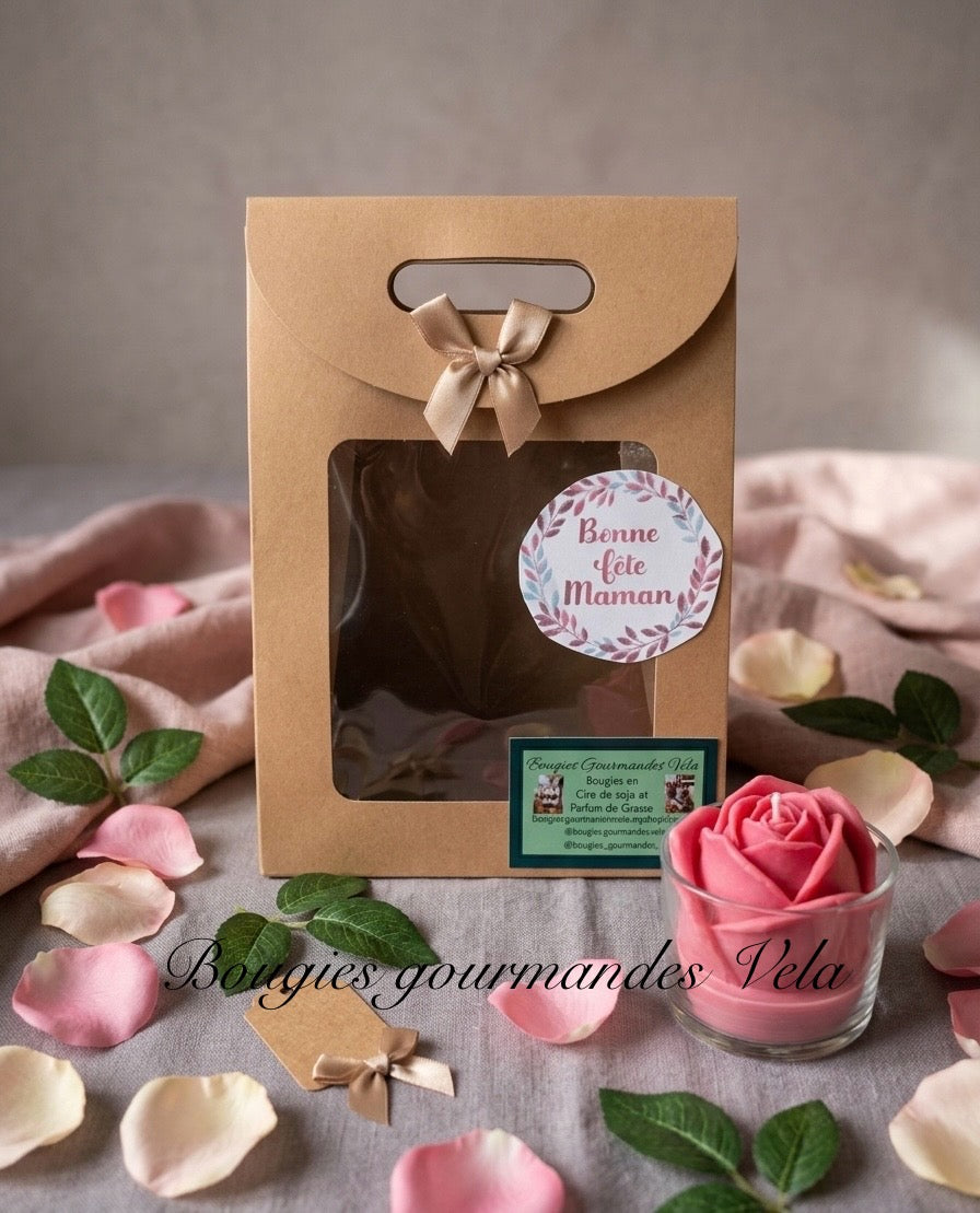 Coffret bonne fête maman Bougie fleur rose parfum rose vanillée Idée cadeau Saint Valentin