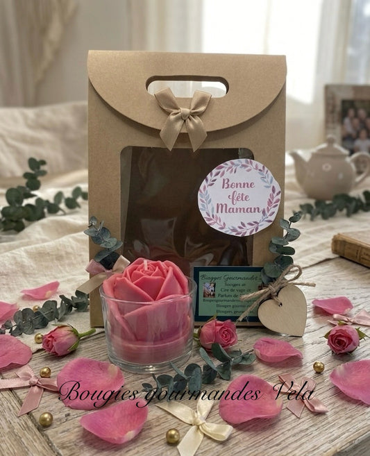 Coffret bonne fête maman Bougie fleur rose parfum rose vanillée Idée cadeau Saint Valentin