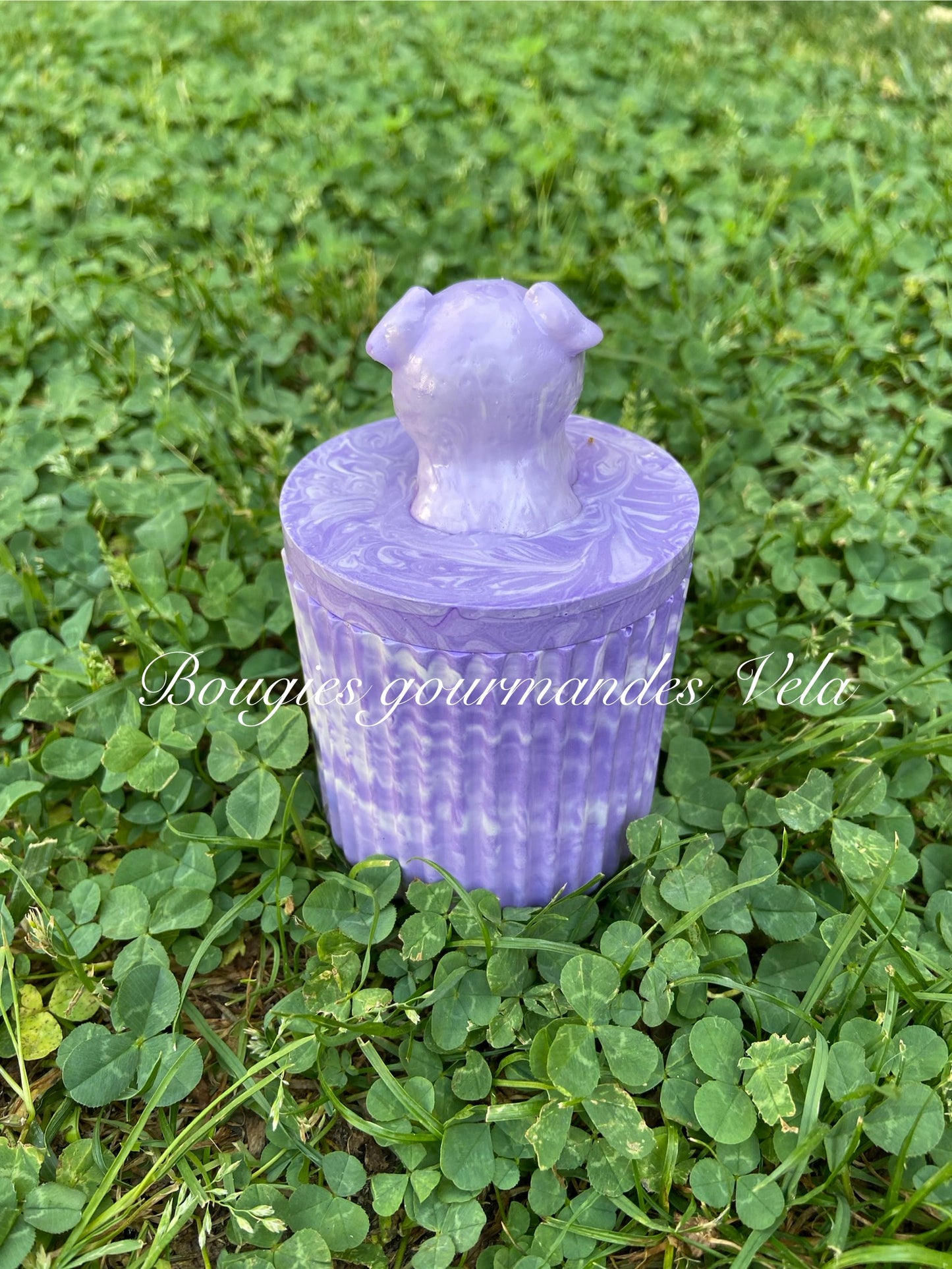 Bougie gourmande parfumée fruits rouges Boîte Jesmonite violette bouledogue Bougie artisanale Bougie végétale Idée cadeau