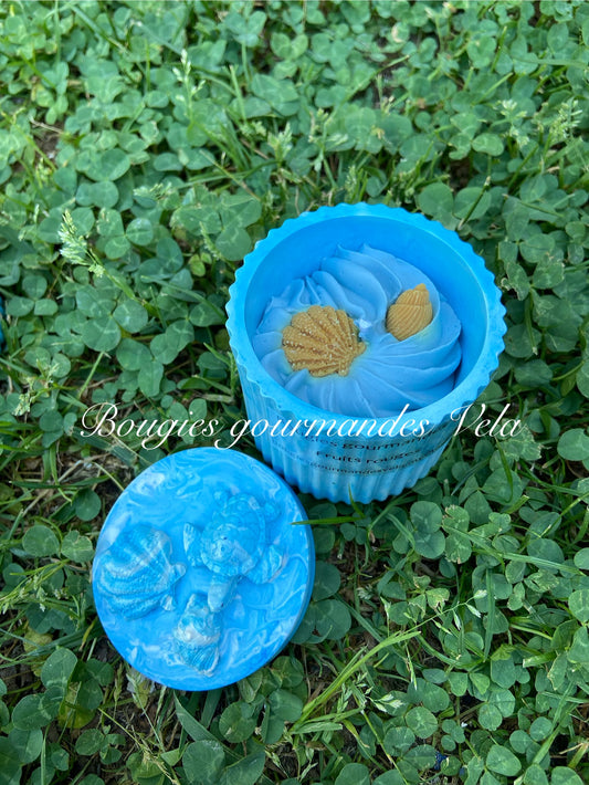 Bougie gourmande parfumée fruits rouges Boîte Jesmonite bleue coquillages Bougie artisanale Bougie végétale Idée cadeau