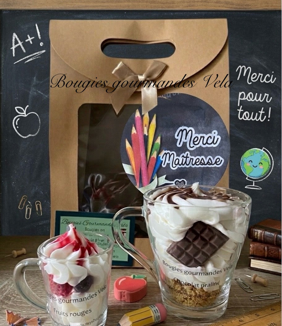 Coffret Merci Maîtresse 2 bougies gourmandes parfum chocolat praliné parfum fruits rouges Bougie chantilly Bougie artisanale Bougie végétale Idée cadeau