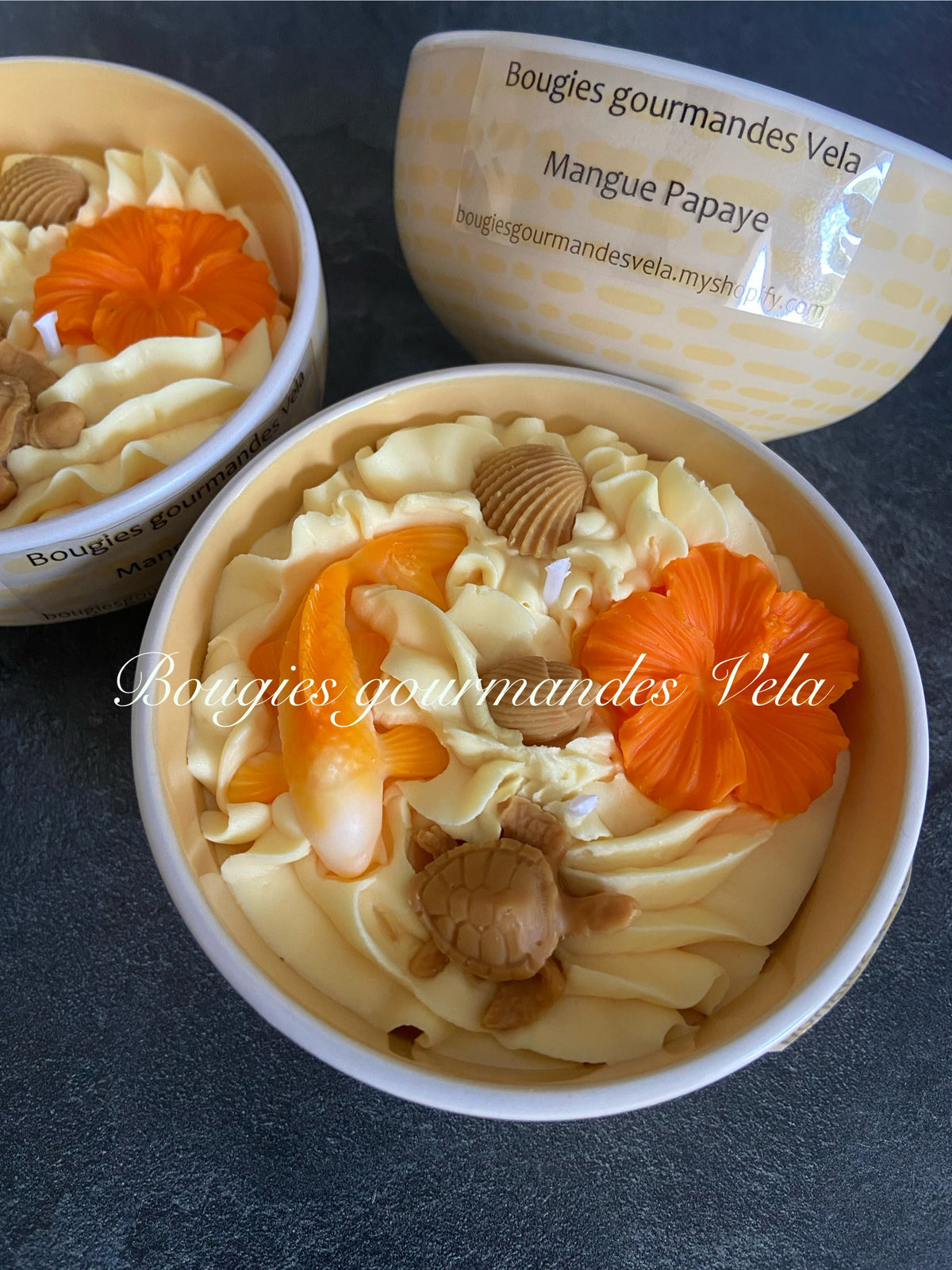 Bougie gourmande mangue papaye Bougie parfumée Bougie chantilly Bougie végétale tortue carpe koï Idée cadeau