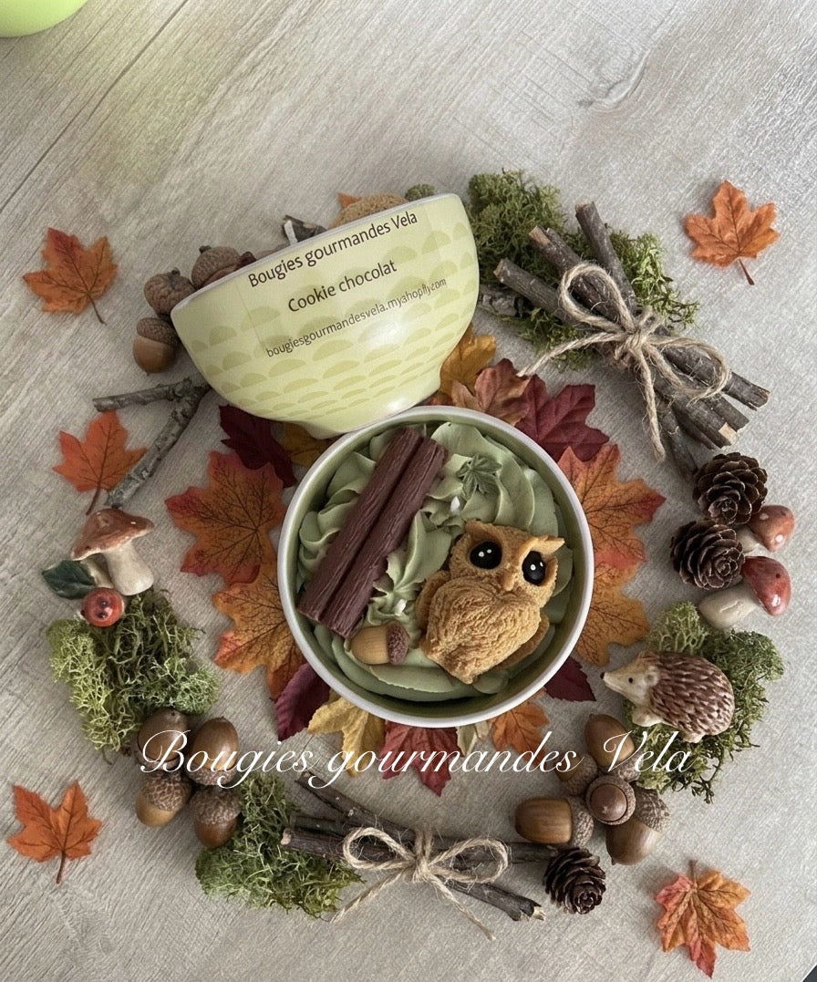 Bougie gourmande automne hibou Bougie parfumée cookie chocolat Bougie chantilly Bougie végétale Idée cadeau