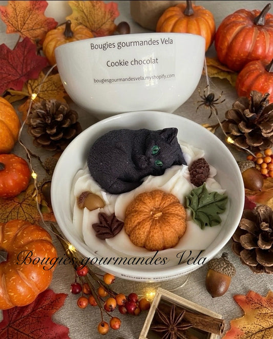 Bougie gourmande automne chat noir citrouille Bougie parfumée cookie chocolat Bougie chantilly Bougie végétale Idée cadeau