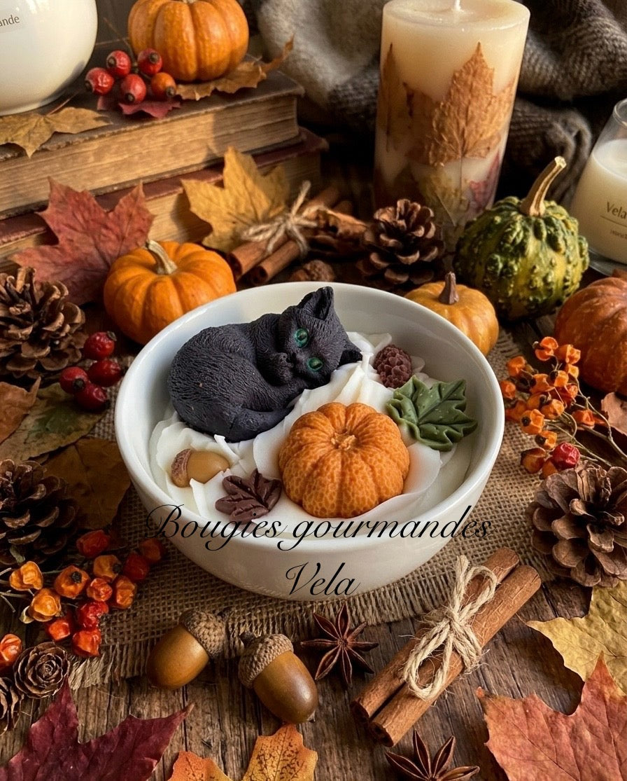 Bougie gourmande automne chat noir citrouille Bougie parfumée cookie chocolat Bougie chantilly Bougie végétale Idée cadeau