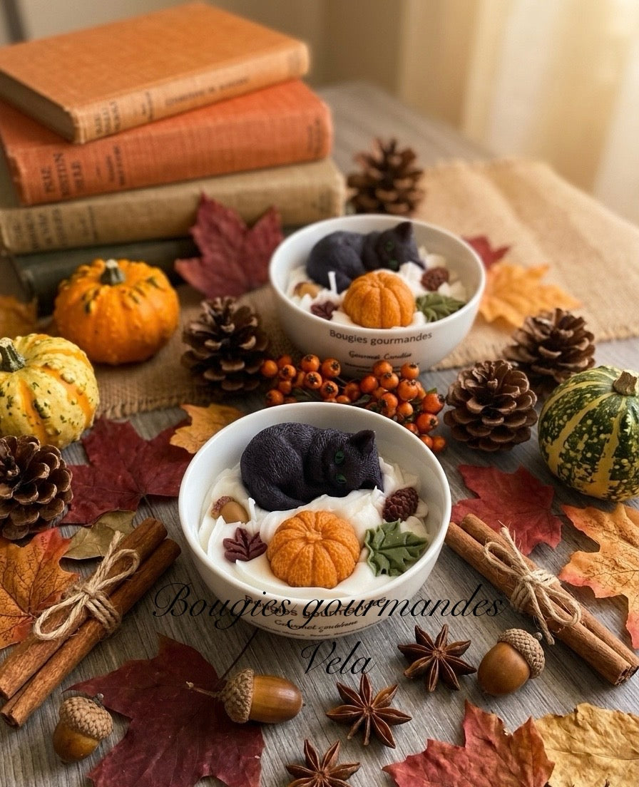 Bougie gourmande automne chat noir citrouille Bougie parfumée cookie chocolat Bougie chantilly Bougie végétale Idée cadeau