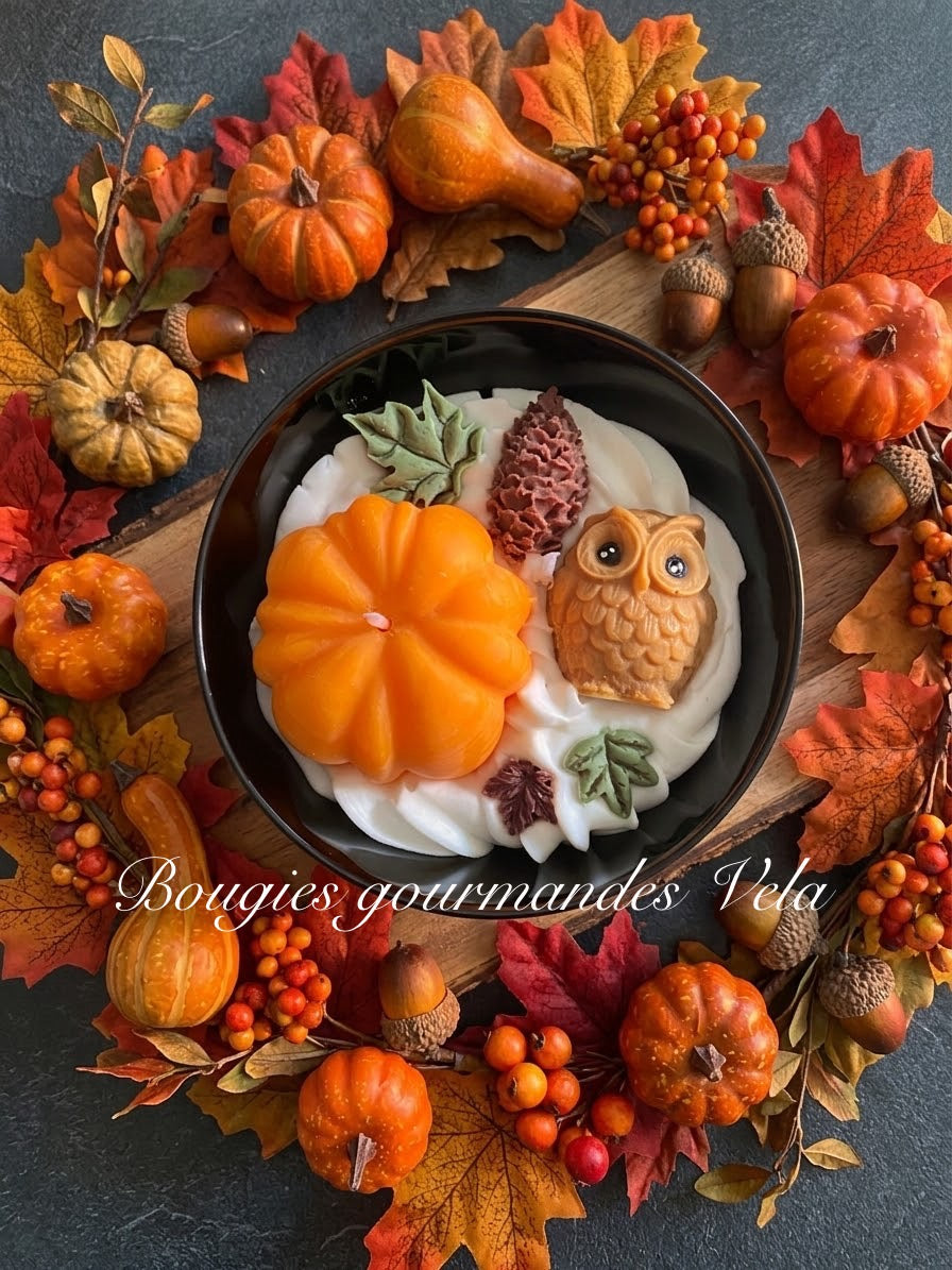Bougie gourmande automne citrouille hibou Bougie parfumée pumpkin spice Bougie chantilly Bougie végétale Idée cadeau