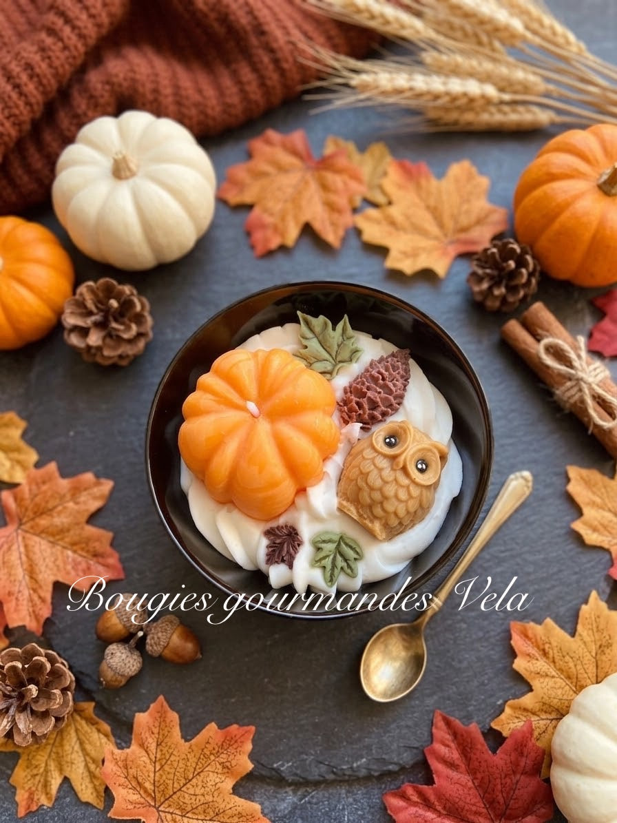 Bougie gourmande automne citrouille hibou Bougie parfumée pumpkin spice Bougie chantilly Bougie végétale Idée cadeau