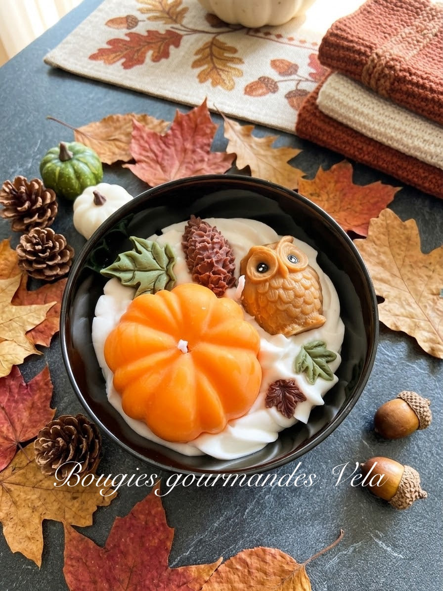 Bougie gourmande automne citrouille hibou Bougie parfumée pumpkin spice Bougie chantilly Bougie végétale Idée cadeau