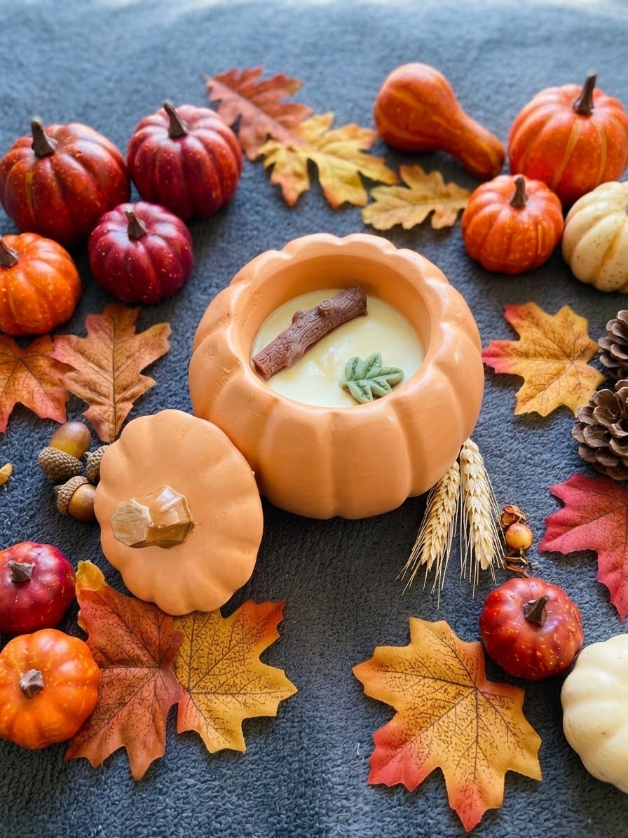 Bougie gourmande citrouille automne Bougie parfumée caramel Citrouille Jesmonite Bougie végétale Idée cadeau