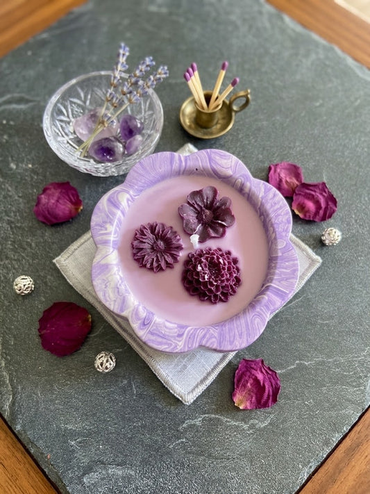 Bougie fleur violette parfum vanille Fleur Jesmonite Bougie végétale Idée cadeau